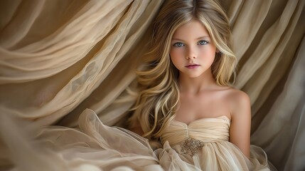 Young girl with long blonde hair wearing elegant beige dress posing against flowing fabric background