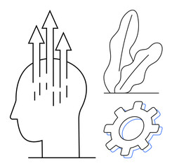 Outlined head with upward arrows symbolizes growth and creativity. Gear represents innovation, while leaves highlight harmony. Ideal for development, progress, creativity, innovation, strategy