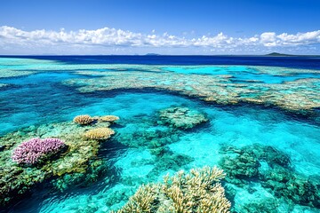 Fototapeta premium Vibrant coral reef in crystal clear waters with bright sunshine in tropical paradise