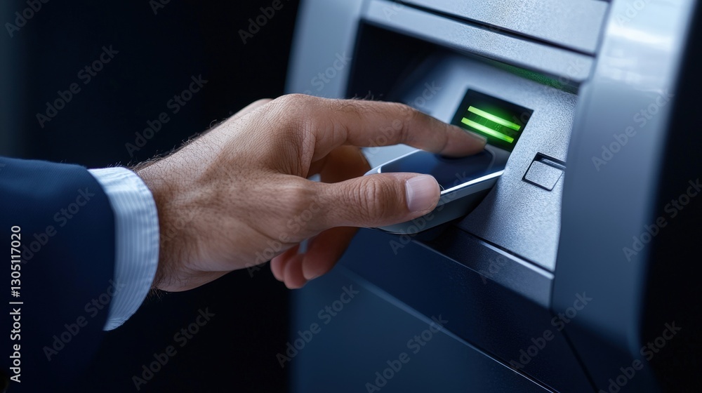 Poster individual using fingerprint scanner for secure authentication process in modern technology and digi