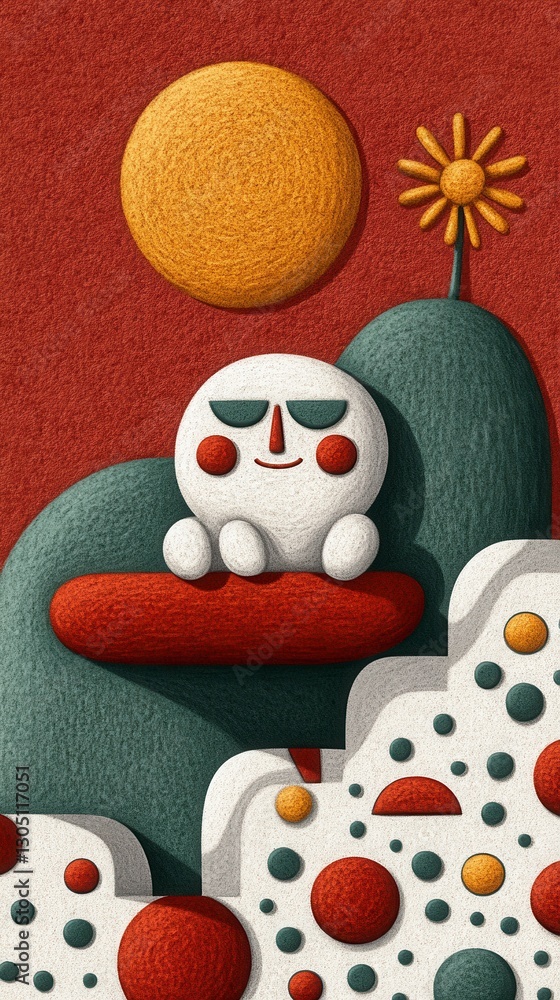 Poster whimsical illustration of a smiling character sitting on a textured surface, against a backdrop of s