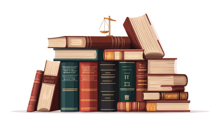 A digitally rendered illustration depicts a stack of various sized hardback books, predominantly in shades of red, burgundy, green, and brown.  The books are arranged in a slightly