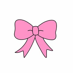 This image features a simple and cute pink bow with a cartoon-like appearance. The bow is symmetrically designed, with two rounded loops on either side and two ribbon tails hanging below. The center k
