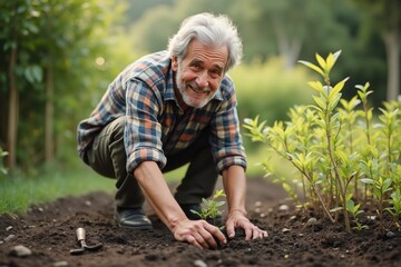 Fototapeta premium A Man Kneeling Down to Plant a Seedling in the Ground - Generative AI