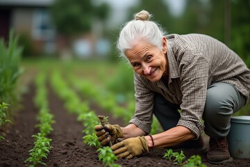 Fototapeta premium A Woman Bending Down to Plant a Seedling in the Soil - Generative AI