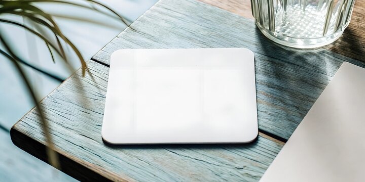 Single blank square coaster on a distressed blue wooden table near a glass. Natural light and a soft organic setting make this a perfect mockup for branding and promotional use.