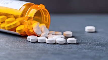 Close-up view of a simple bottle containing various pills in a medical context highlighting health and wellness