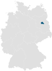 gray map of germany with 16 separated federal states, Berlin highlighted blue 