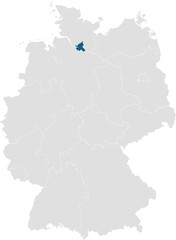 gray map of germany with 16 separated federal states, Hamburg (Hanseatic City) highlighted blue 