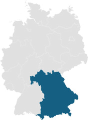 gray map of germany with 16 separated federal states, Bavaria (Free State) highlighted blue 