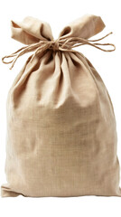 Burlap sack tied with twine string isolated on transparent background, suggesting storage, transport, or delivery of goods