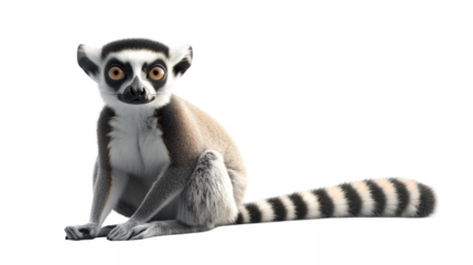 A curious lemur with large round eyes and a long striped tail isolated on a transparent background