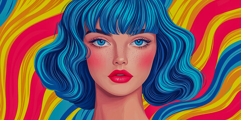 A vibrant portrait of a woman with striking blue hair, expressive eyes, and a bold colorful background, showcasing a retro and artistic flair.