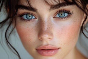 Fototapeta premium Model with minimalist makeup and eyelash extensions looking straight into the camera. Soft lighting, uniform background.