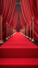 Fototapeta premium Luxurious red carpet pathway leading to an elegant event venue with vibrant curtains