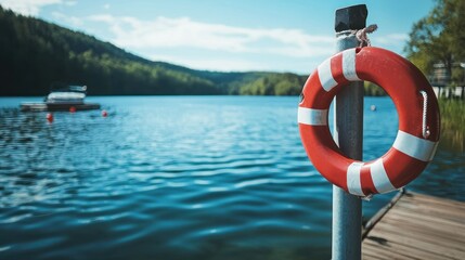 A red and white ring buoy hanging on a metal pole by a dock, with a lake in the background.