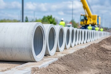 Large concrete pipes lined up for installation, construction workers and crane in background.