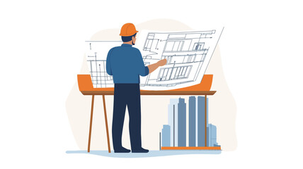 The illustration depicts a male architect, viewed from behind, wearing a hard hat and standing at a desk. He is reviewing large-scale architectural blueprints spread across the desk.  The