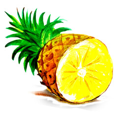 A vibrant illustration of a pineapple, cut in half, showcasing its juicy yellow interior and green leafy top.