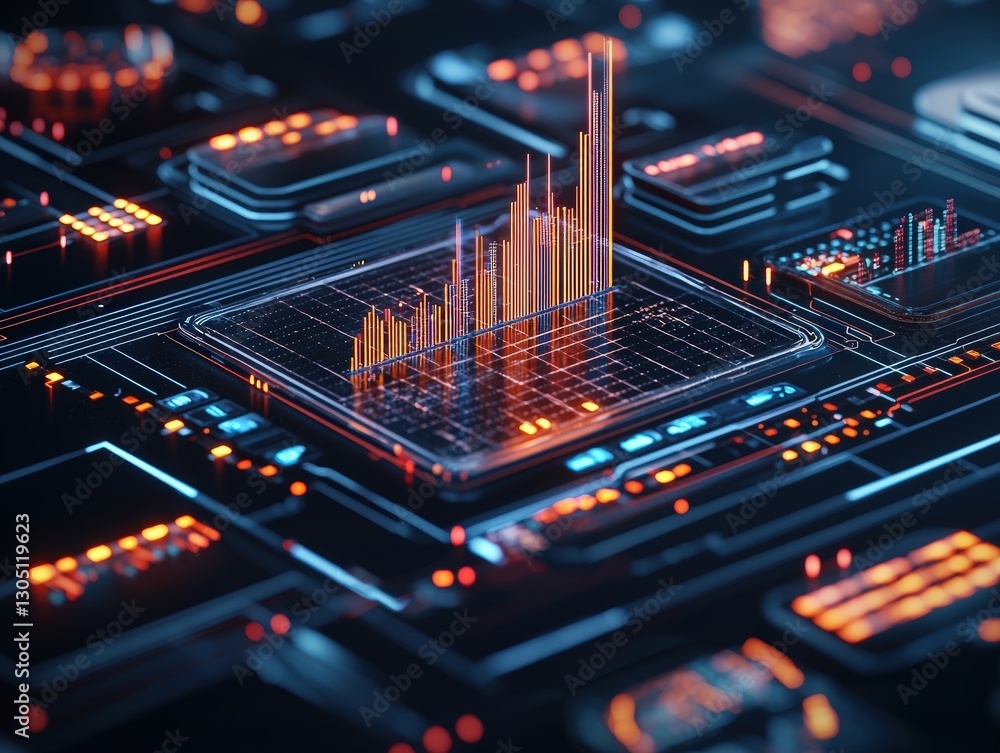 Poster computer chip integrated with a bar chart displaying data trends and analytics for modern technology