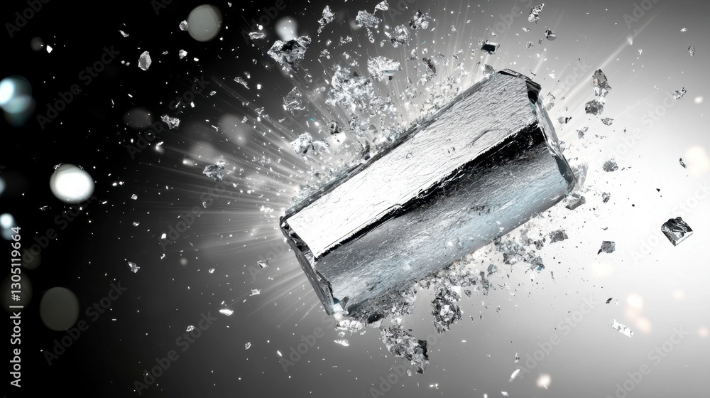 Poster silver metallic rectangular block shattering into pieces against a dark and light gray background wi