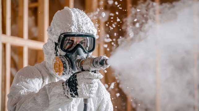 Construction worker wearing protective gear sprays foam insulation onto interior walls of a new home for energy efficiency.