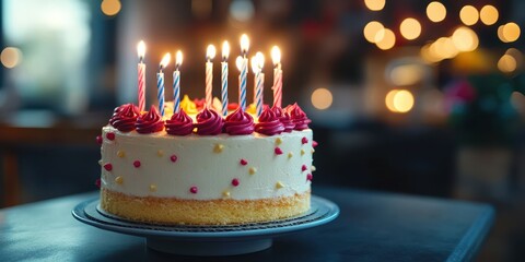 Celebrating a birthday with a beautifully decorated cake featuring vibrant candles and festive atmosphere