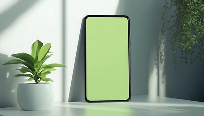 Green screen phone near plant on white table