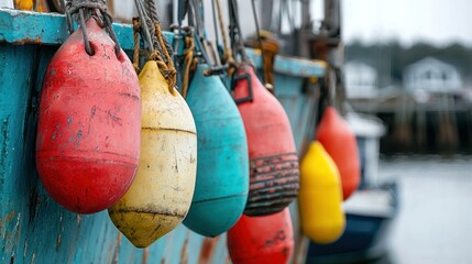 A cluster of boat buoys hanging from a fishing vessel docked at a harbor.