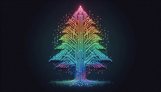 Tree shapes shimmer with a holographic rainbow overlay The lette