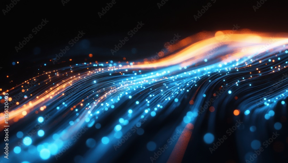 Poster abstract flowing waves of light in blue and orange with sparkling particles on a dark background for