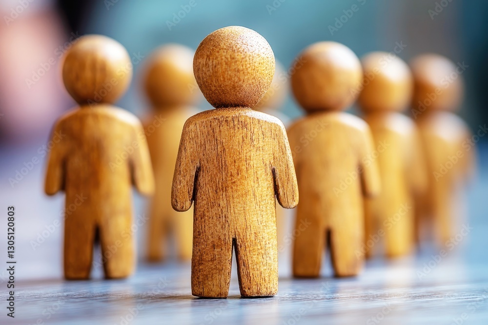 Poster group of wooden figurines symbolizing community and togetherness, standing in a row with a soft focu