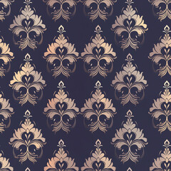 Elegant damask pattern with ornate gold and dark background, featuring intricate designs.