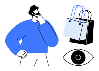 Man thinking with hand on chin, shopping bags, and watchful eye symbol. Ideal for marketing strategy, consumer behavior, online shopping, customer feedback, e-commerce trends, decision-making retail