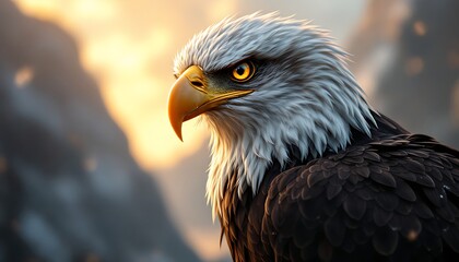 Majestic Bald Eagle Portrait with Intense Gaze Against Mountain Backdrop