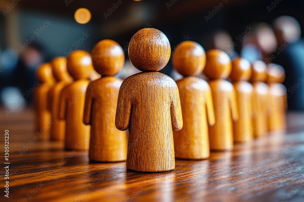Poster wooden figurines representing teamwork and collaboration in a conceptual workplace setting with blur