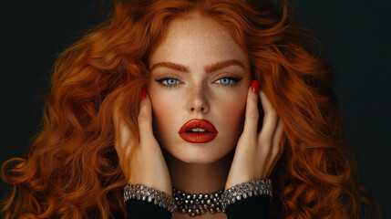 Fototapeta premium A photograph of an extremely beautiful woman with big, curly, long red hair, blue eyes, and bold makeup wearing studded collar necklaces, posing for the camera with her hands on both sides of her face
