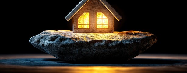 Creative Concept of Illuminated House Model on Stone Base in Dark Environment