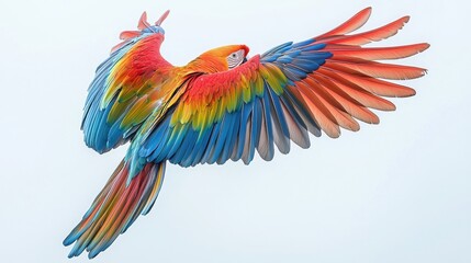 Obraz premium Colorful macaw flying in the sky on a white background showcasing wildlife and nature