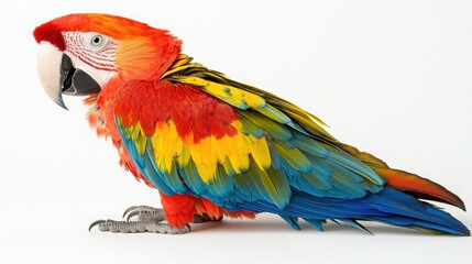 Fototapeta premium Colorful parrot macaw sitting on a white surface isolated on a plain background for wildlife photography