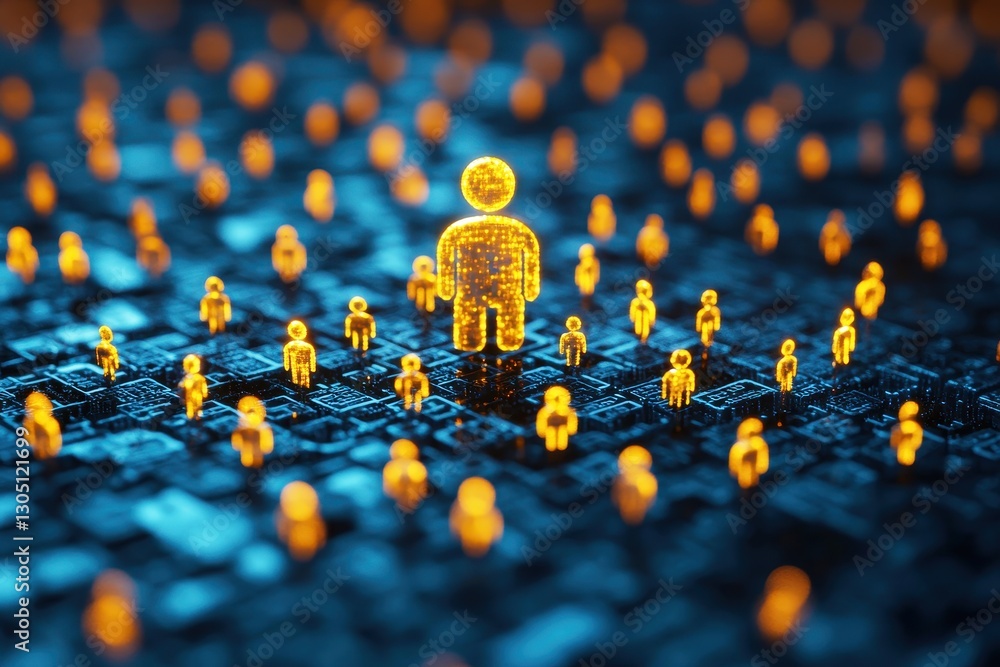 Poster digital society concept with glowing human figures in a virtual network of interconnected data, symb