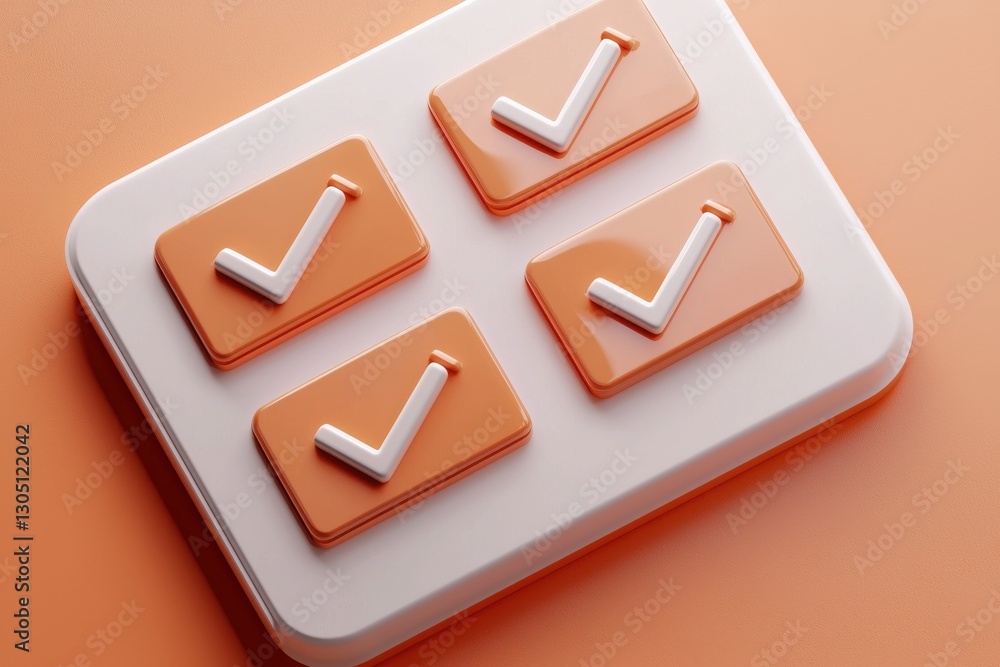 Poster a modern illustration featuring four checkboxes with check marks on a soft orange background, symbol