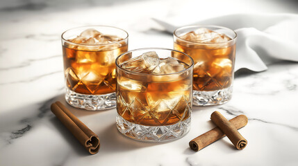 Glasses with ice and whiskey beside it is a cinnamon stick on the marble surface table. The whiskey rich flavor complements the warmth of cinnamon sticks