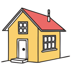 Whimsical Yellow House Illustration with Red Roof and Chimney – Cozy Home Design