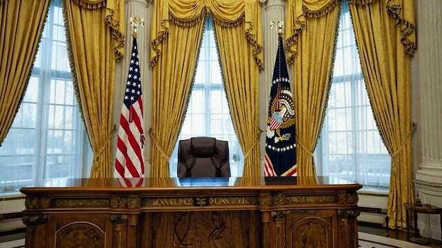 Oval Office view from behind the Resolute Desk with United States and Presidential flags
