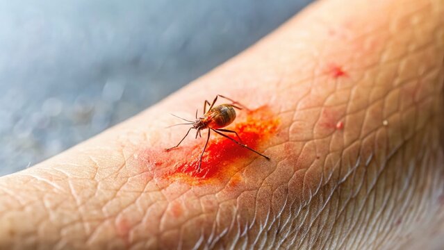 Close-up of Leg with Red Insect Bite, Blurred Background - Medical Stock Photo