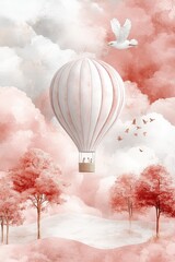 Obraz premium Serene Hot Air Balloon Adventure in Pastel Clouds and Gentle Trees