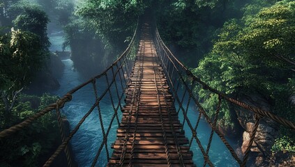 Fototapeta premium A wooden rope bridge leading over the river in a Japanese jungle, surrounded by dense green trees