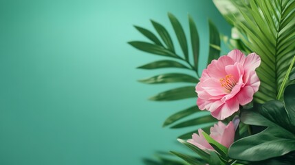 Fototapeta premium Pink Flower And Lush Green Leaves On Teal Backgrounds.Soft Lighting