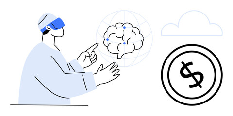 Individual in VR headset interacting with virtual brain, cloud, and money-related graphic. Ideal for technology, innovation, VR, AI, neuroscience cloud computing and financial themes. Flat simple
